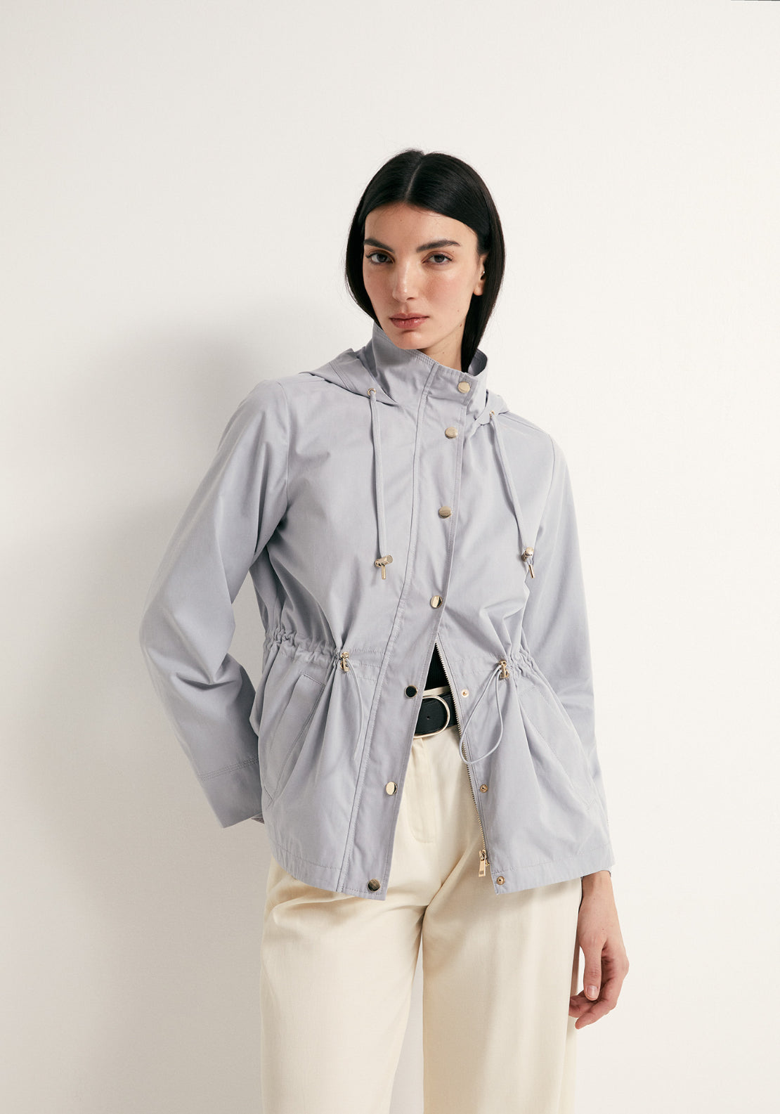 Curved Hem Drawstring Parka -Light Grey - Grey