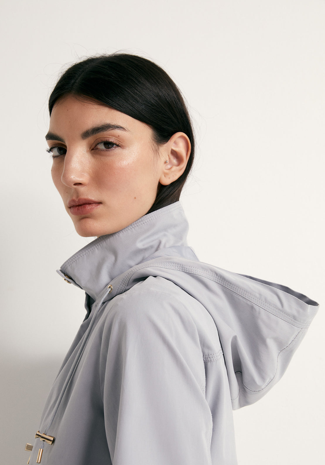 Curved Hem Drawstring Parka -Light Grey - Grey