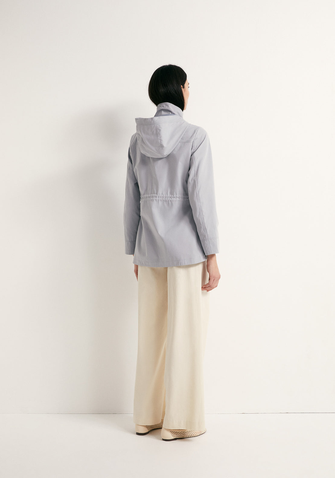 Curved Hem Drawstring Parka -Light Grey - Grey
