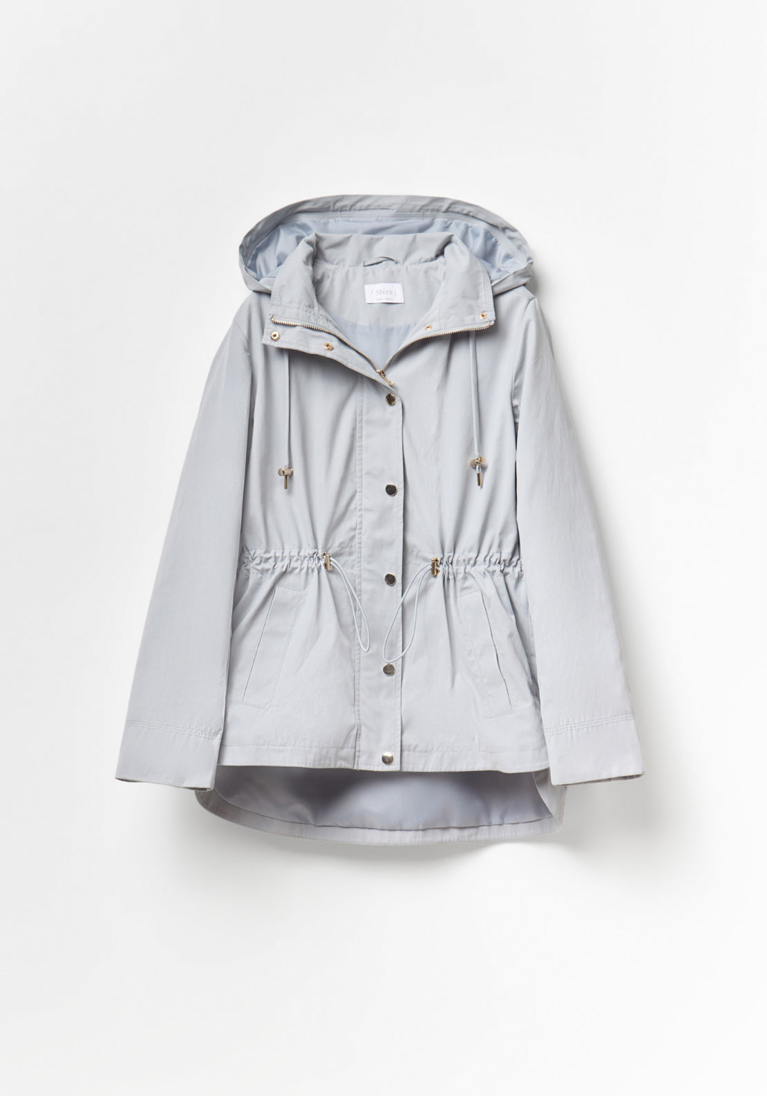 Curved Hem Drawstring Parka -Light Grey - Grey