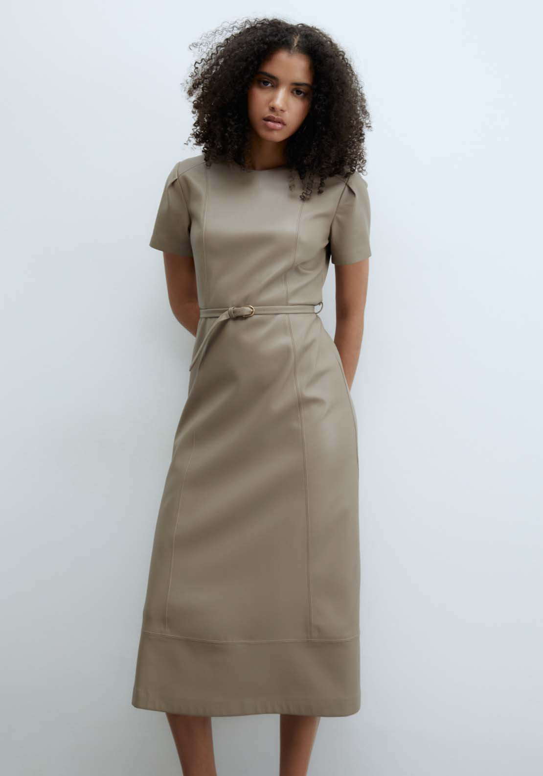 Sfera Faux leather midi dress - Taupe 1 Shaws Department Stores