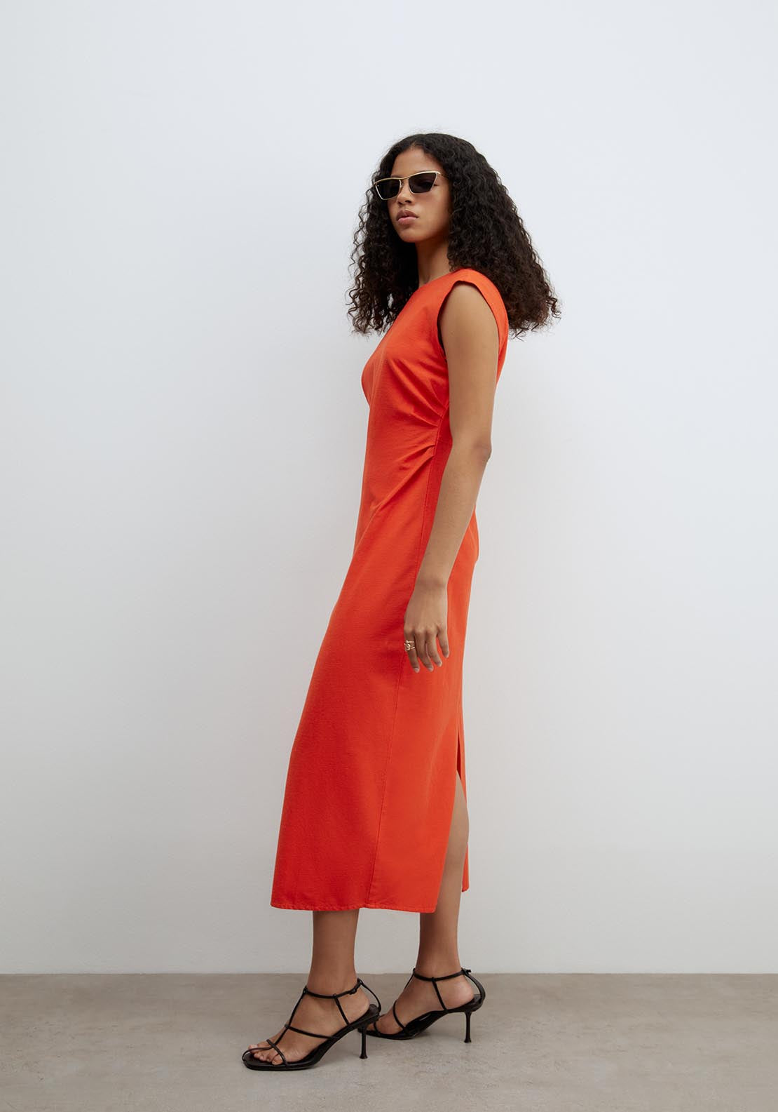 Sfera Ruched Linen Dress - Red 3 Shaws Department Stores