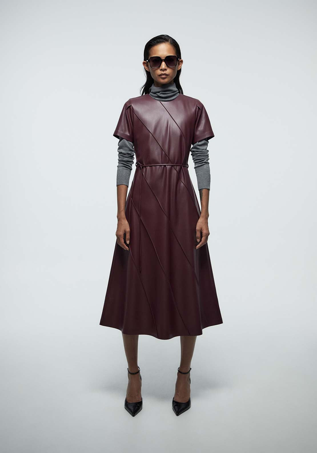 Faux Leather Belted Dress - Red  Shaws