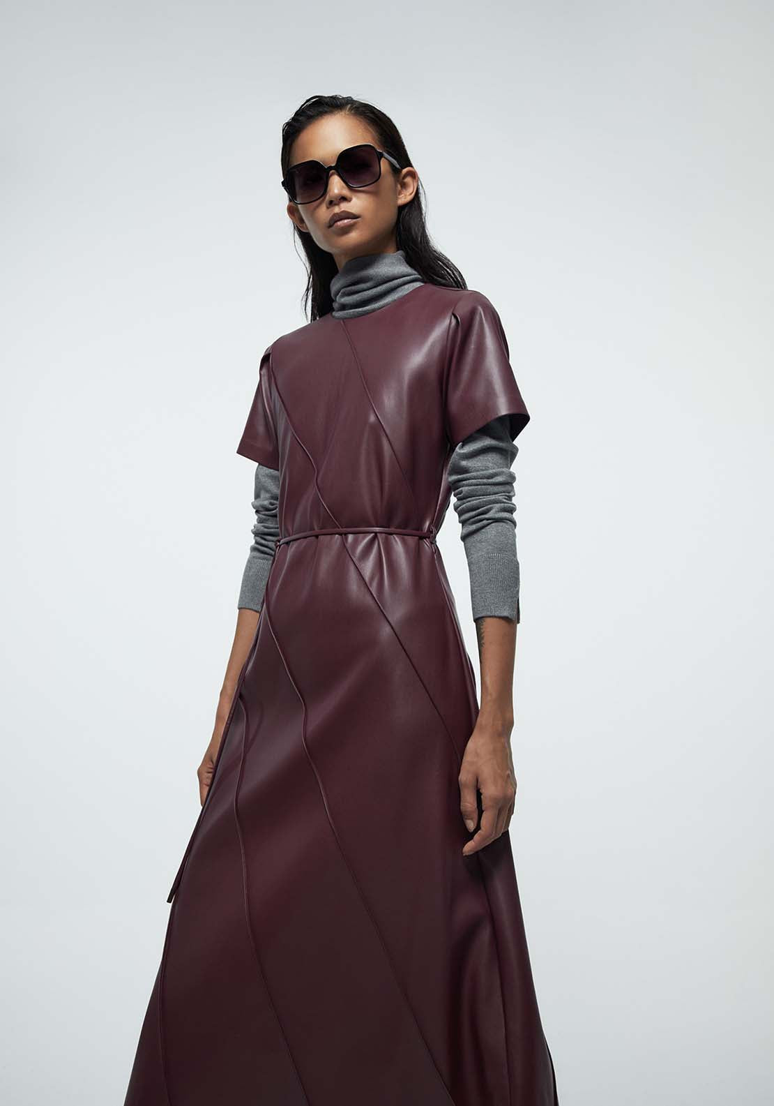Faux Leather Belted Dress - Red