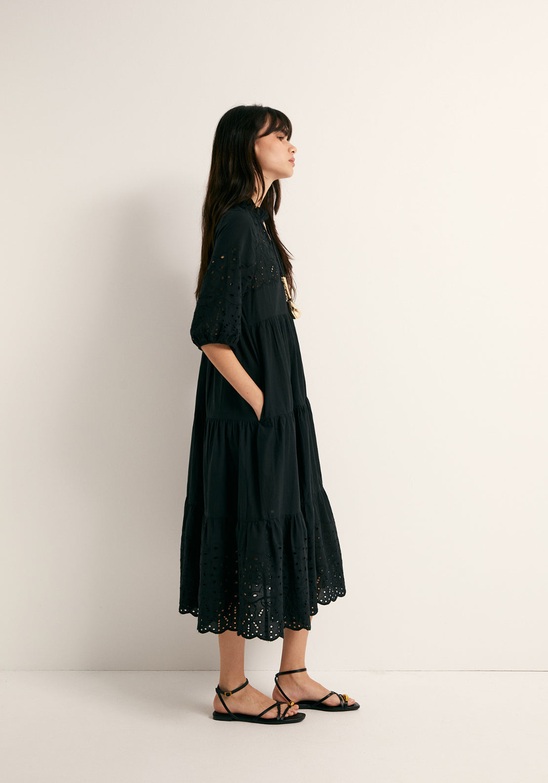Cotton Schiffli Shirt Dress - Black