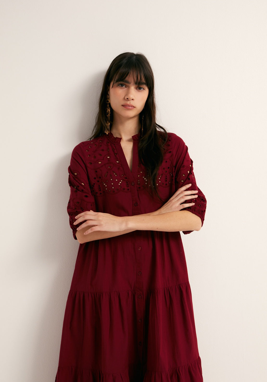 Cotton Schiffli Shirt Dress - Red