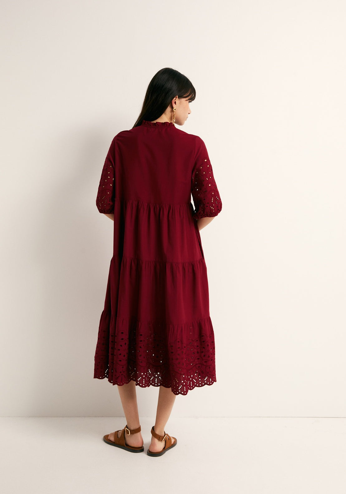 Cotton Schiffli Shirt Dress - Red