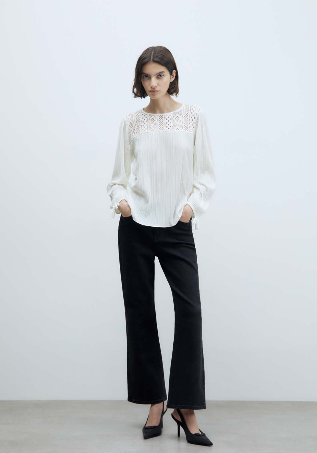 Sfera Pleated Romantic Long-Sleeved Top - White 3 Shaws Department Stores