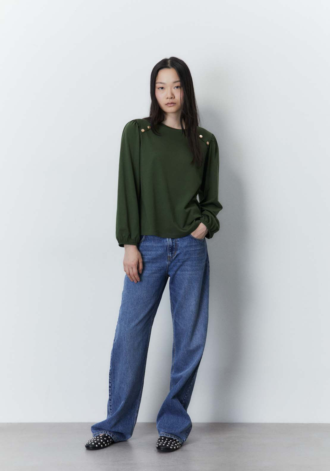 Sfera Plain long-sleeved T-shirt Top - Green 1 Shaws Department Stores