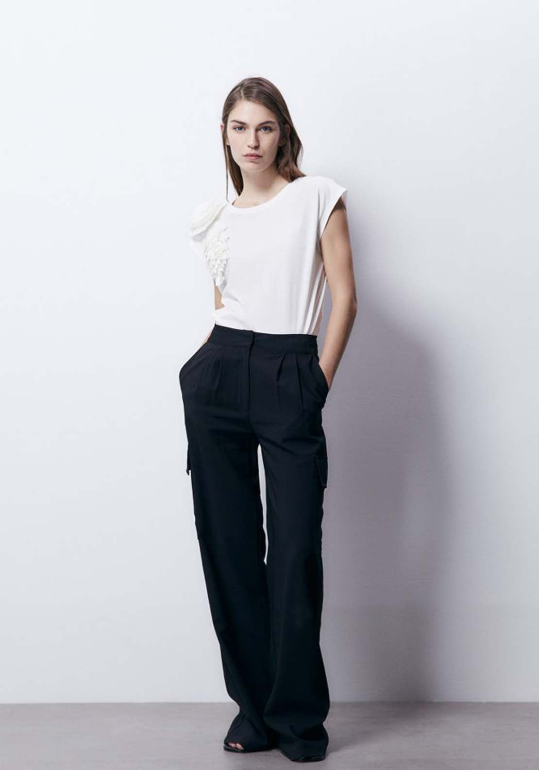 Sfera Pleated Flowers T-Shirt - White 2 Shaws Department Stores
