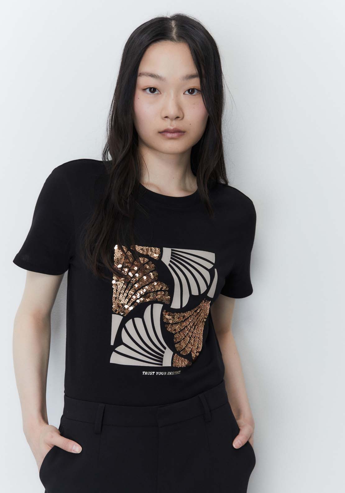 Sfera Placement print sequins T-shirt - Black 1 Shaws Department Stores