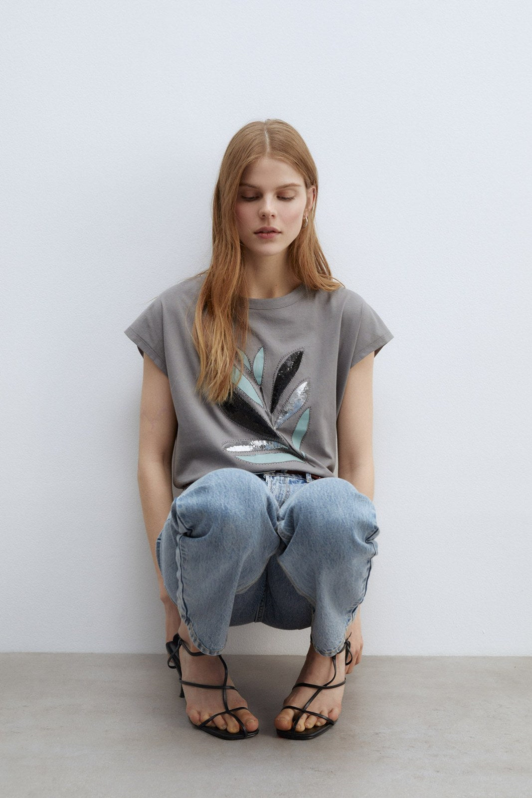 Sfera Sequins graphic print T-shirt - Medium Grey 1 Shaws Department Stores