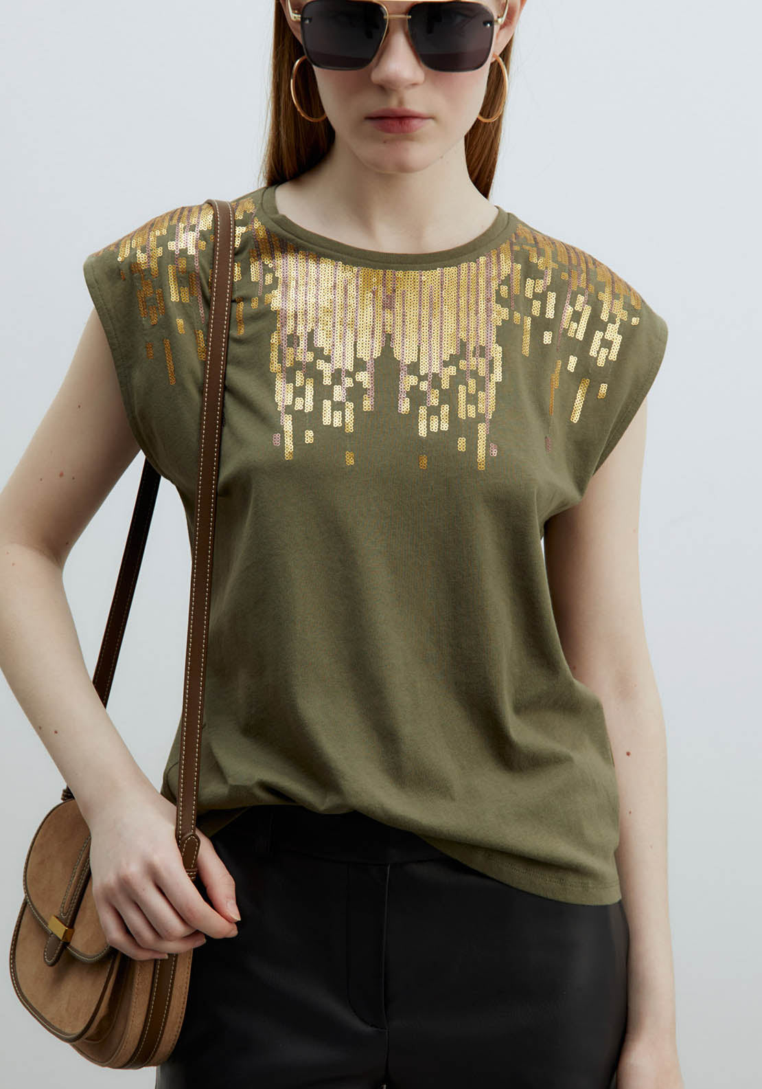 Sfera Sequined Chest Top - Khaki 1 Shaws Department Stores