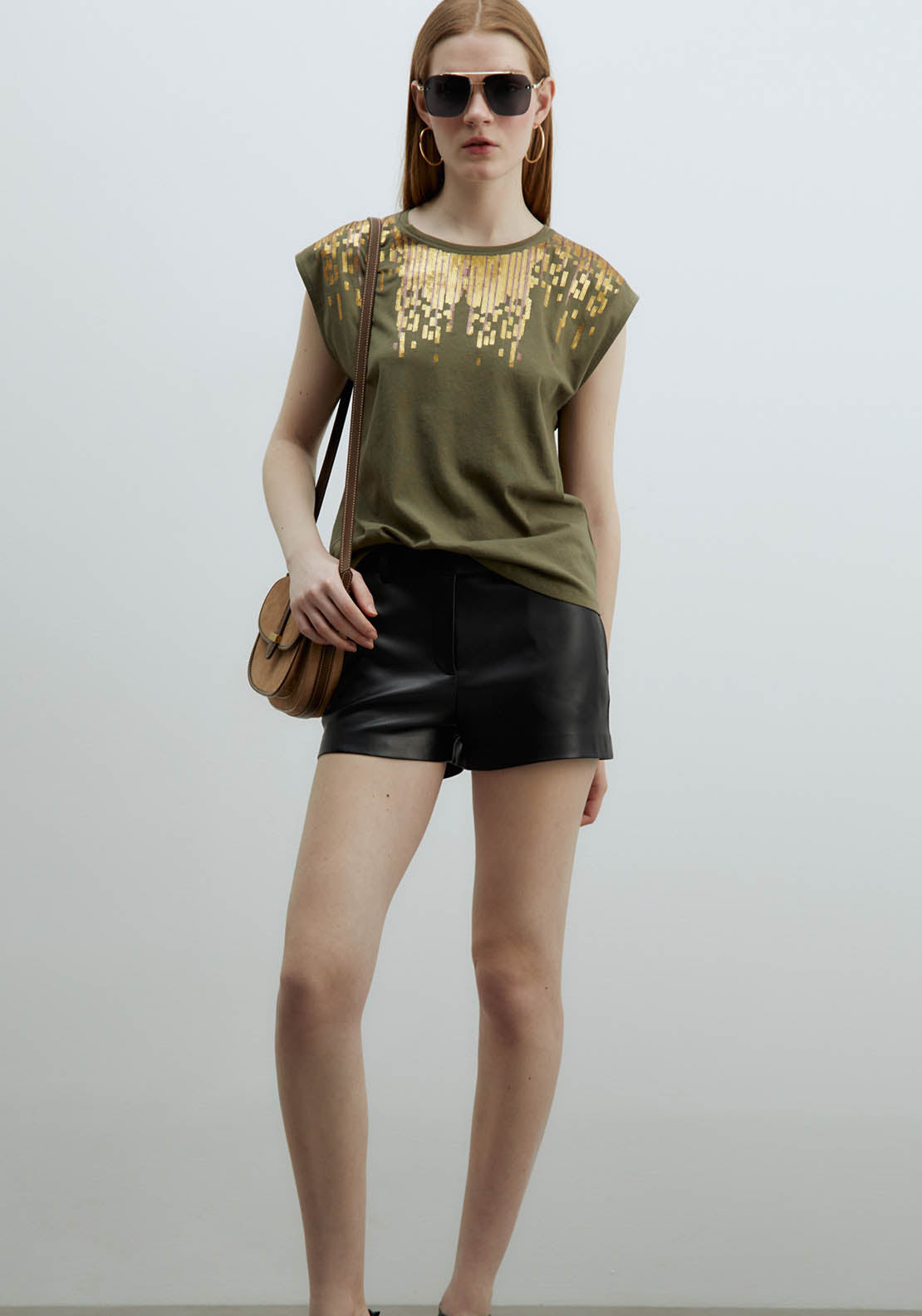 Sfera Sequined Chest Top - Khaki 2 Shaws Department Stores