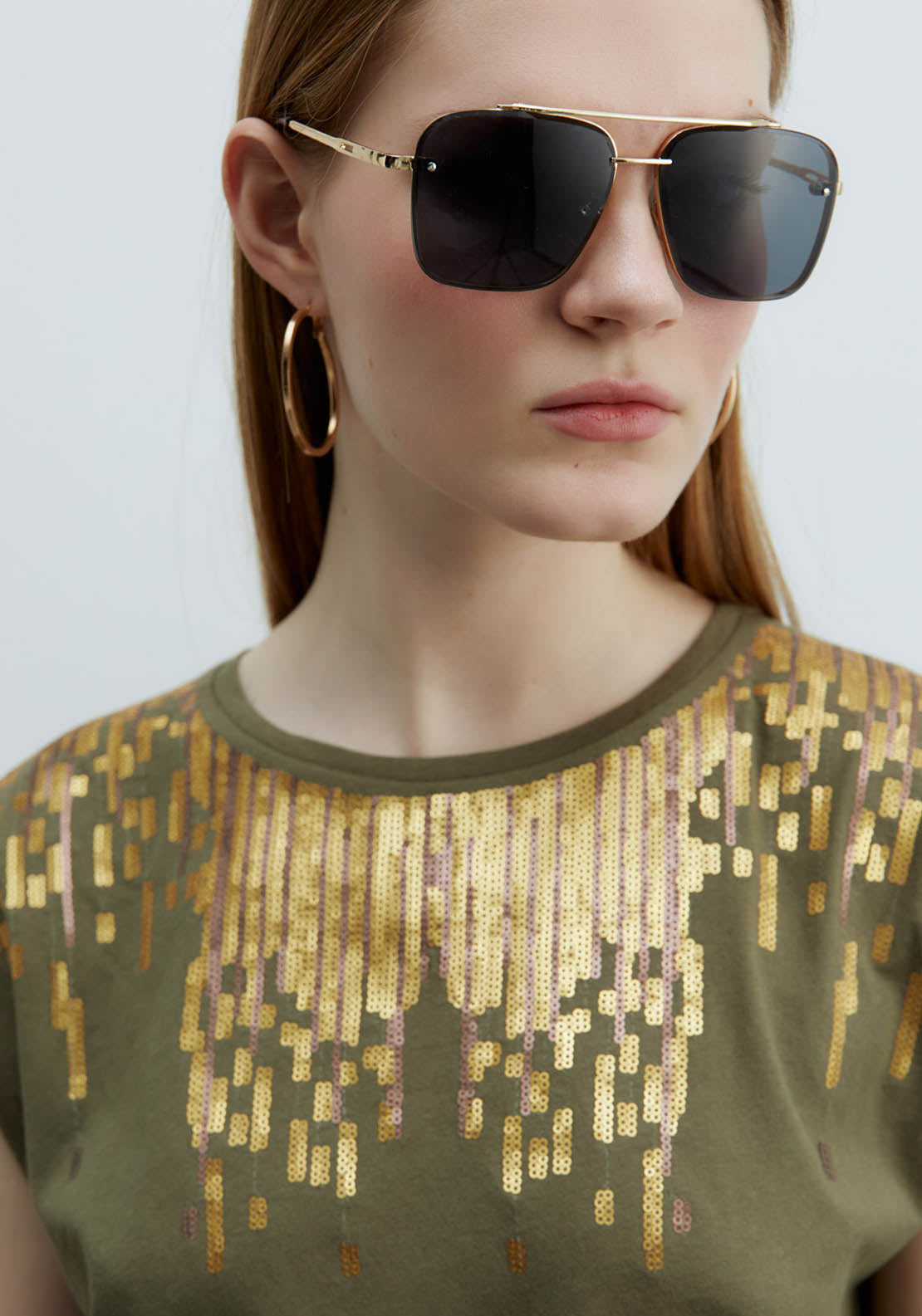 Sfera Sequined Chest Top - Khaki 3 Shaws Department Stores