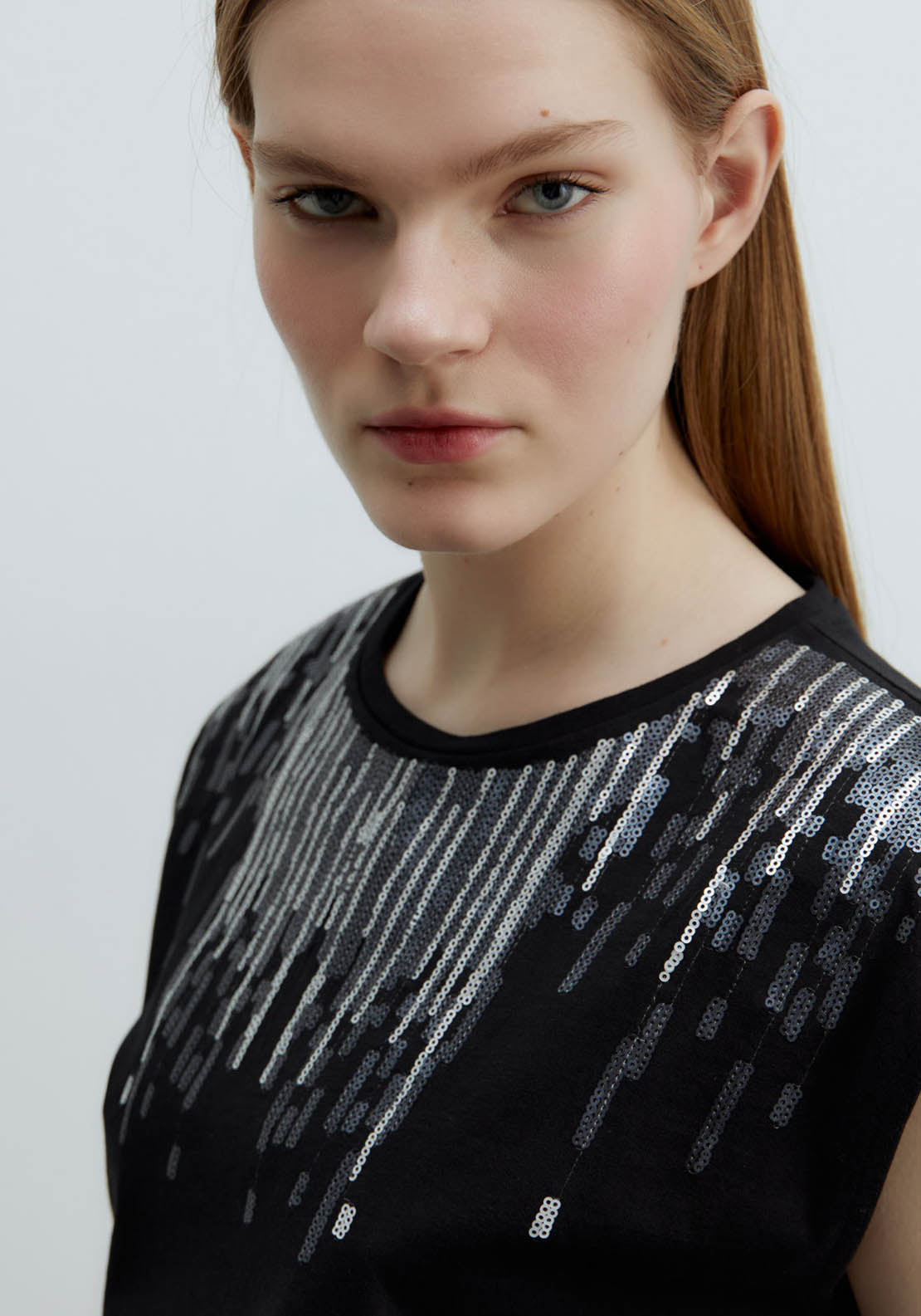Sfera Sequined Chest Top - Black 2 Shaws Department Stores