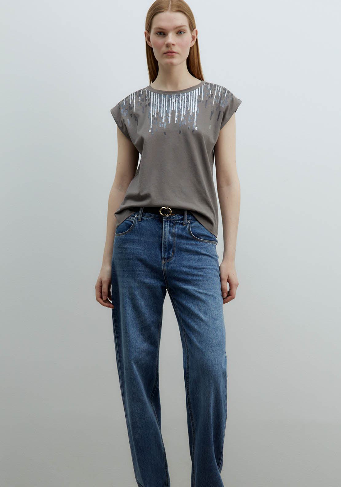 Sfera Sequined Chest Top - Grey Medium 1 Shaws Department Stores