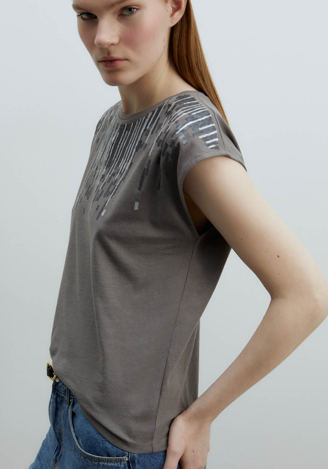 Sfera Sequined Chest Top - Grey Medium 2 Shaws Department Stores
