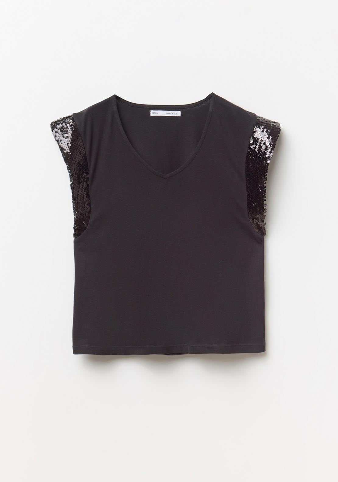 Sfera Top With Sequin Sleeve - Black 1 Shaws Department Stores