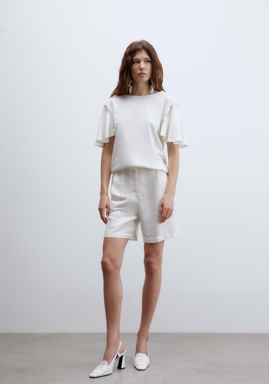 Short Sleeve Printed Ruffle Top - White