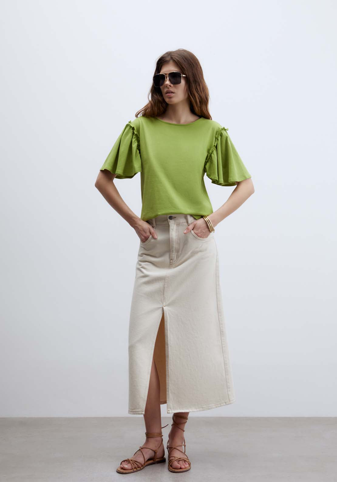 Short Sleeve Printed Ruffle Top - Green