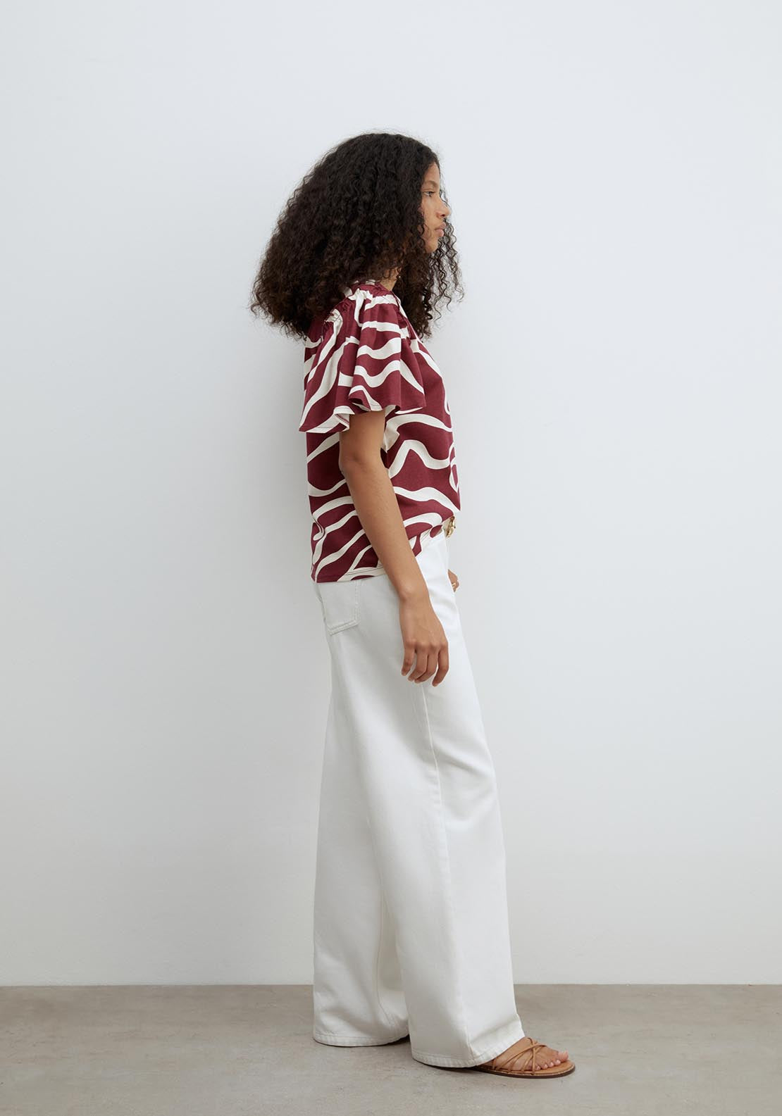 Sfera Short Sleeve Printed Ruffle Top - Burgundy 3 Shaws Department Stores