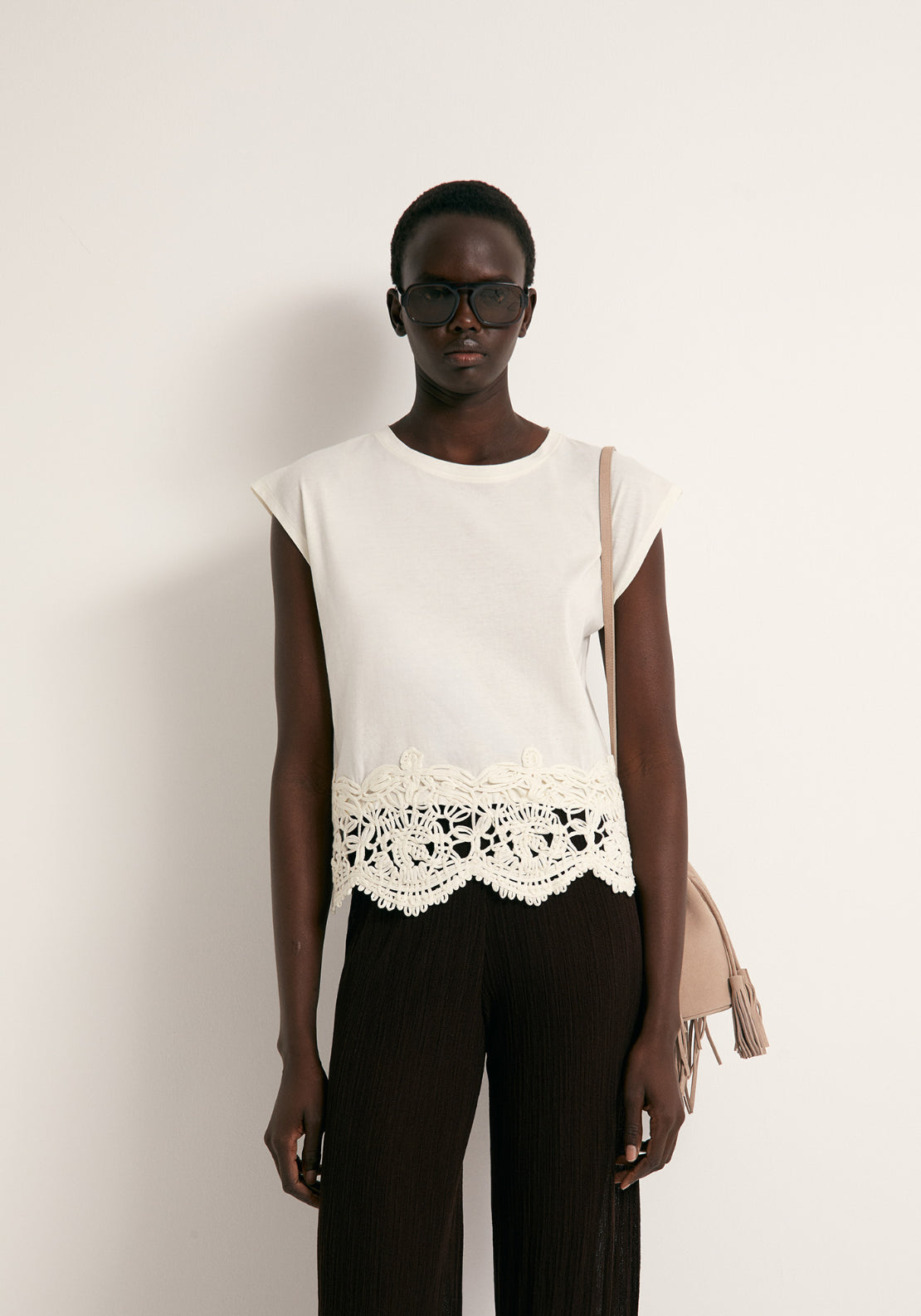 Cotton Crochet Hem Top - Cream