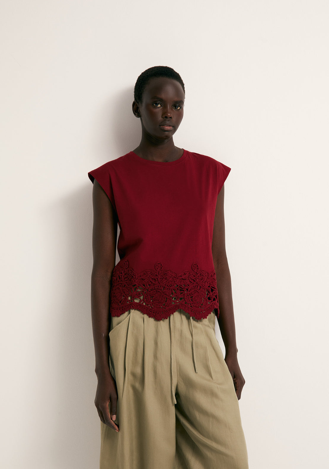 Cotton Crochet Hem Top - Red