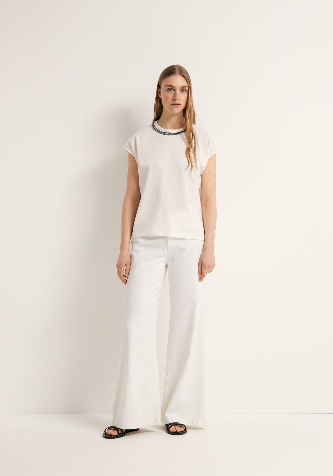 Rhinestone Detail Cotton T-Shirt - Cream
