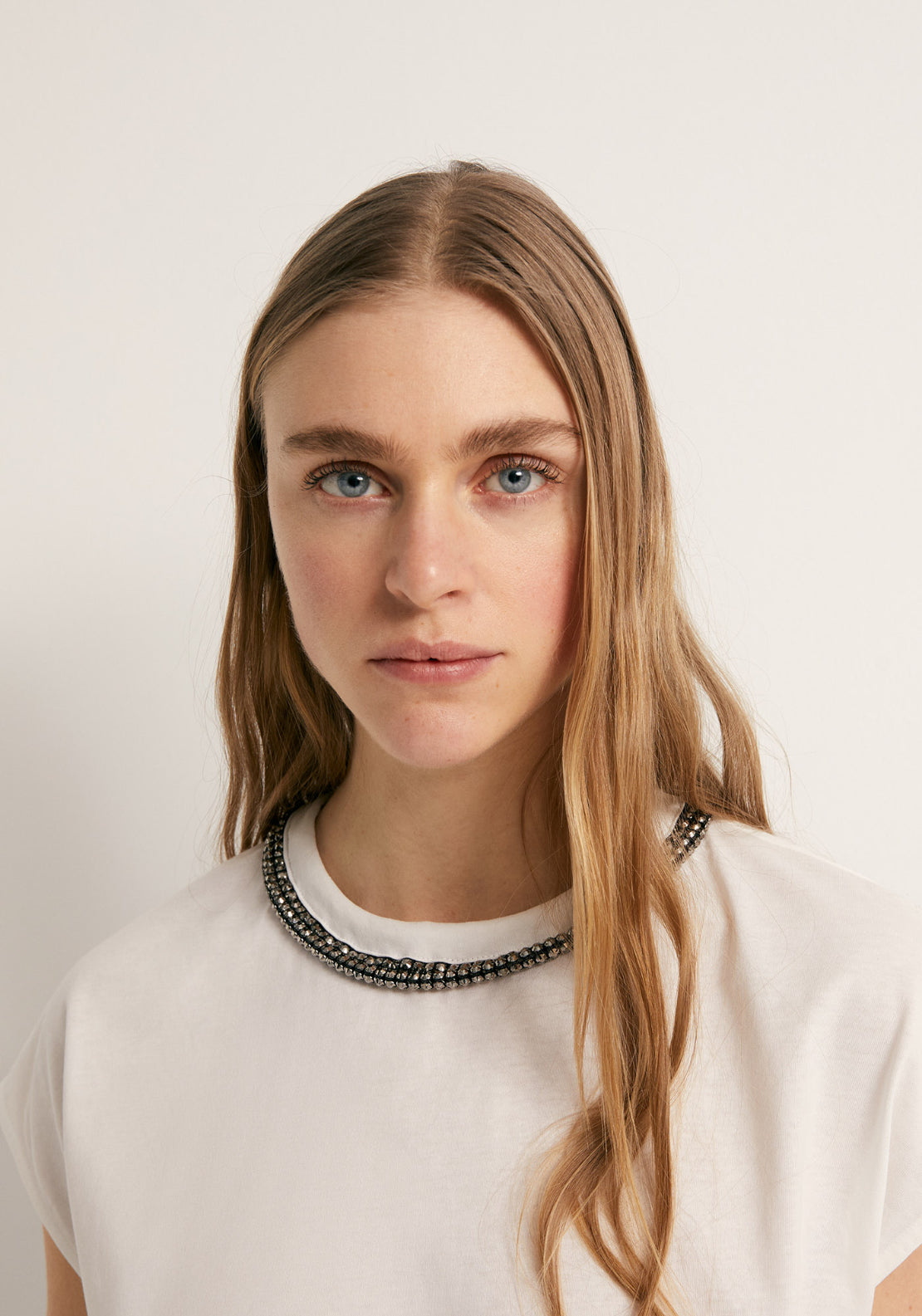 Rhinestone Detail Cotton T-Shirt - Cream