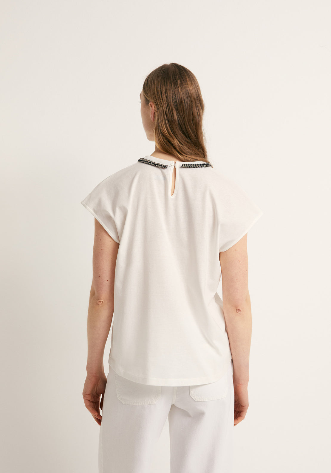 Rhinestone Detail Cotton T-Shirt - Cream