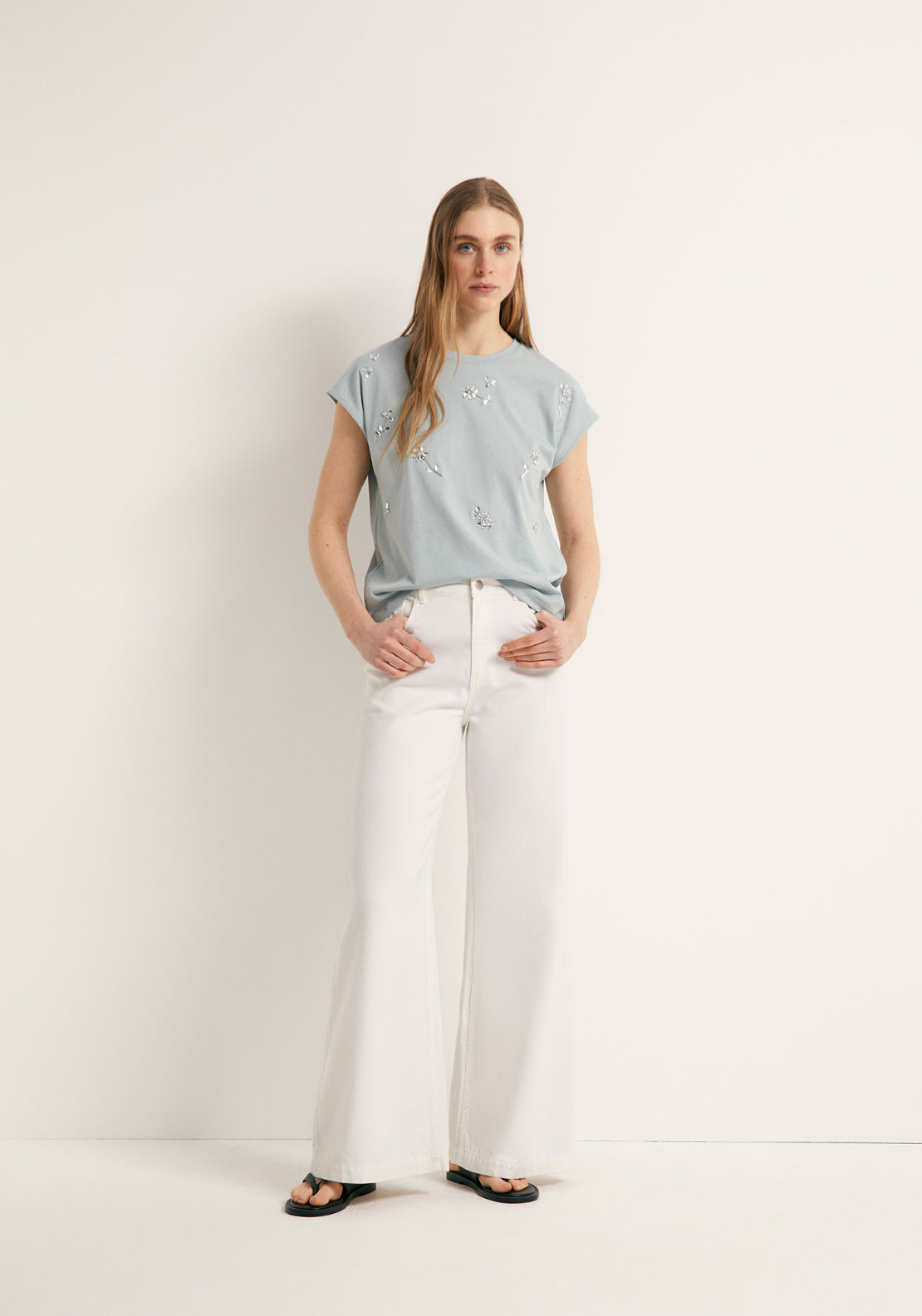 Rhinestone Detail Cotton T-Shirt - Blue