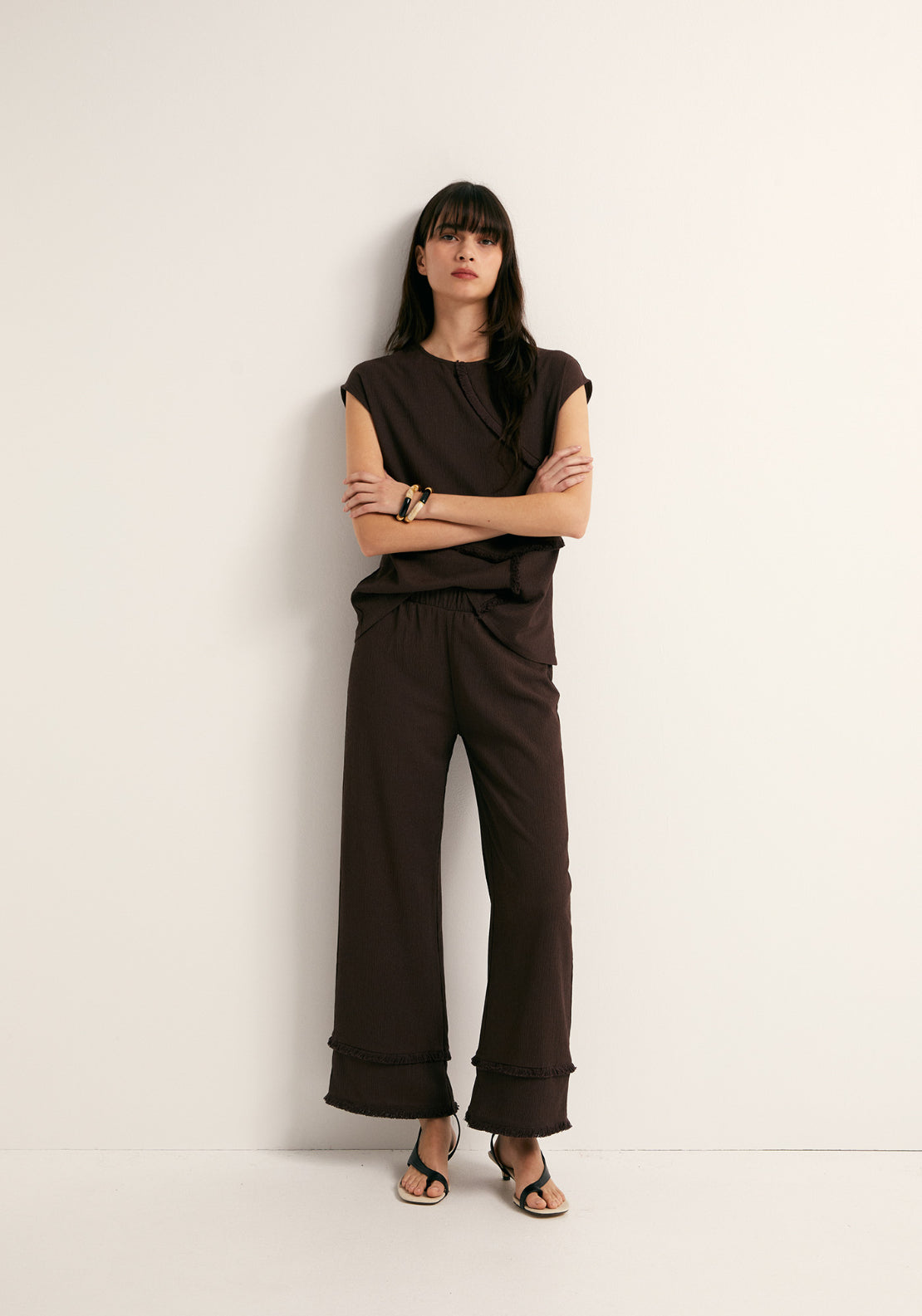 Frayed Trim Top - Brown