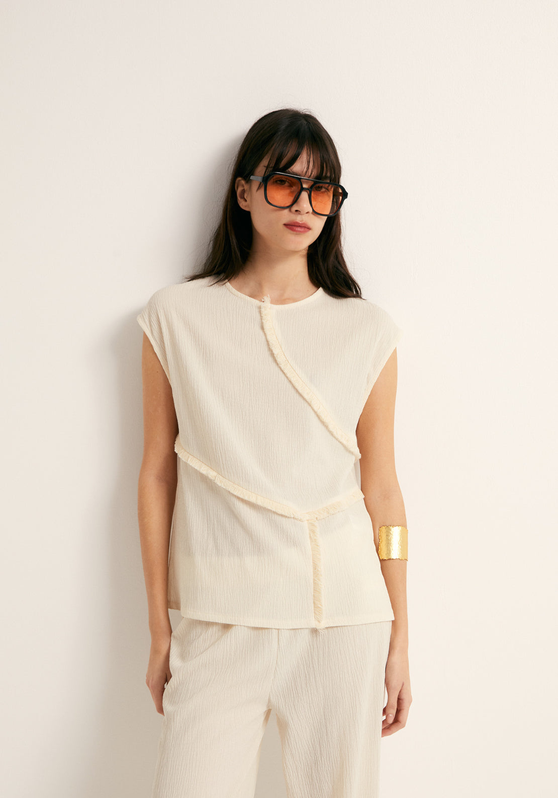 Frayed Trim Top - Cream