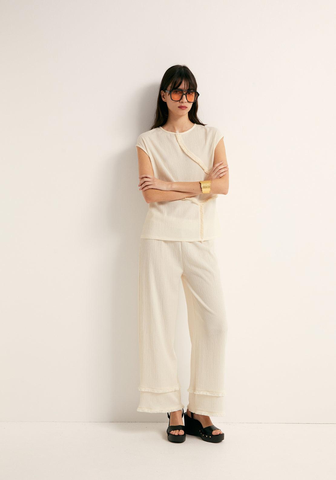 Frayed Trim Top - Cream