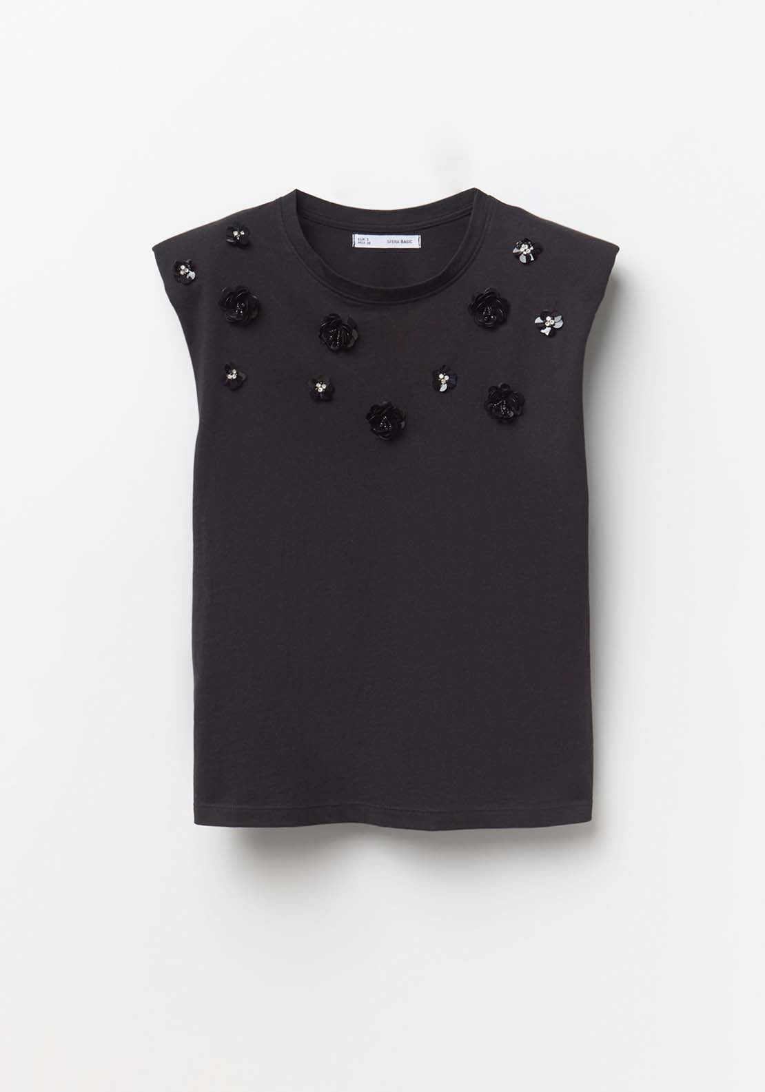 Appliqué Shoulder Pads Top - Black