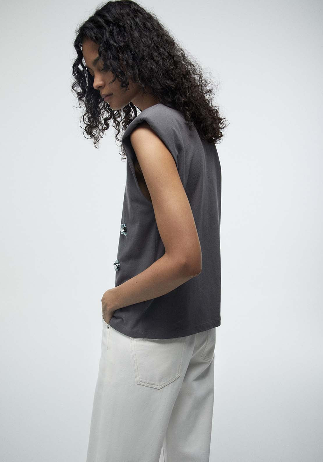 Appliqué Shoulder Pads Top - Grey