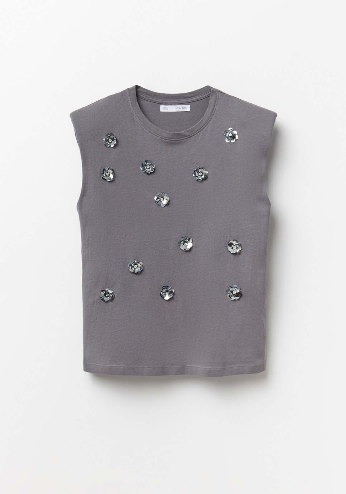 Appliqué Shoulder Pads Top - Grey