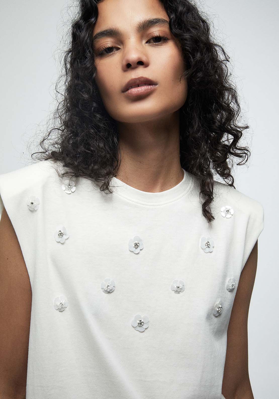 Appliqué Shoulder Pads Top - White