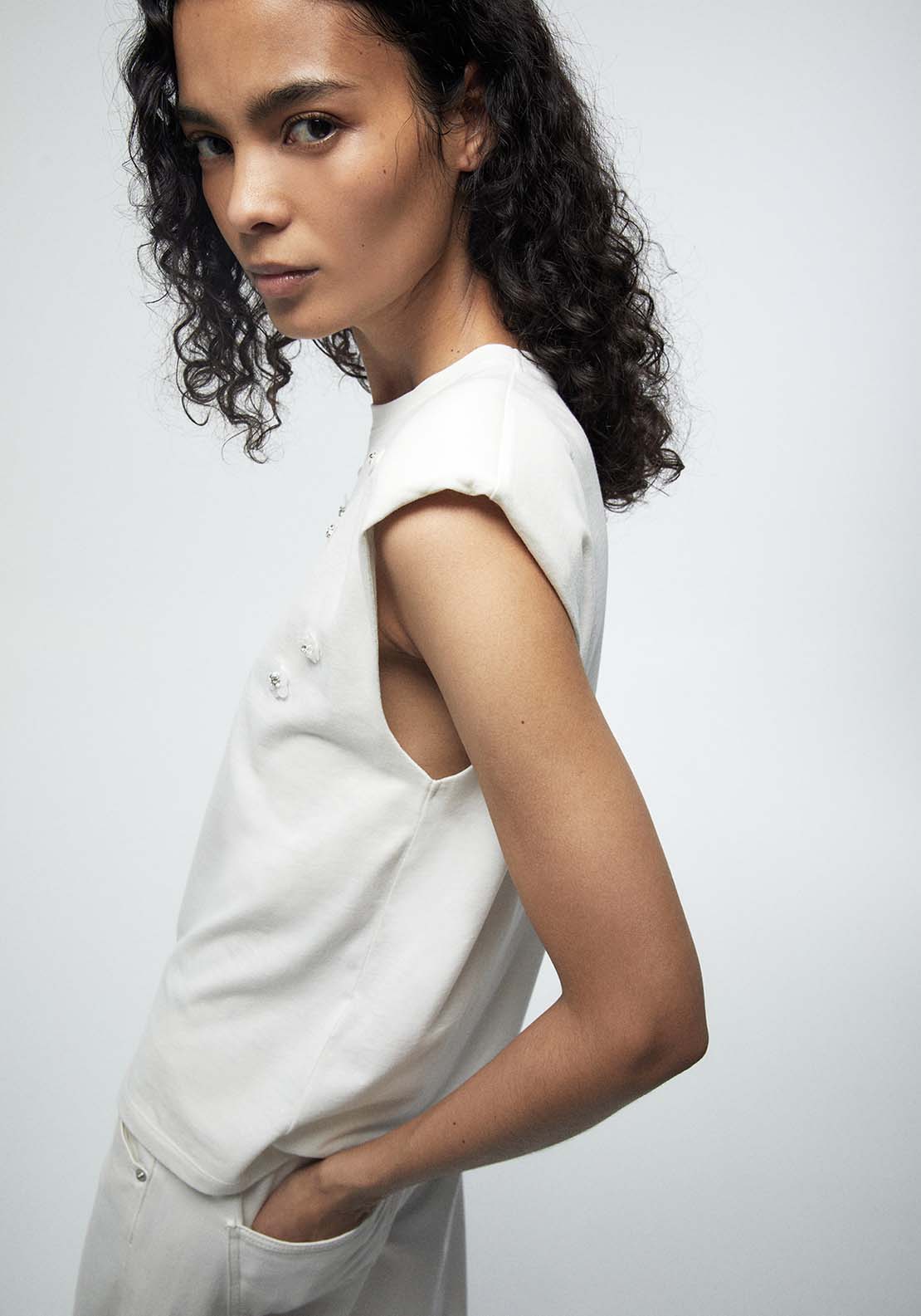 Appliqué Shoulder Pads Top - White