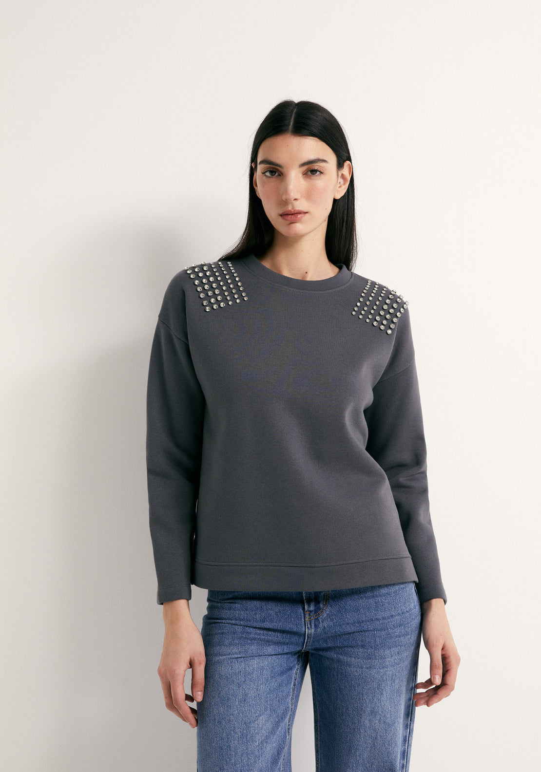 Rhinestone Shoulder Detail Sweatshirt - Grey