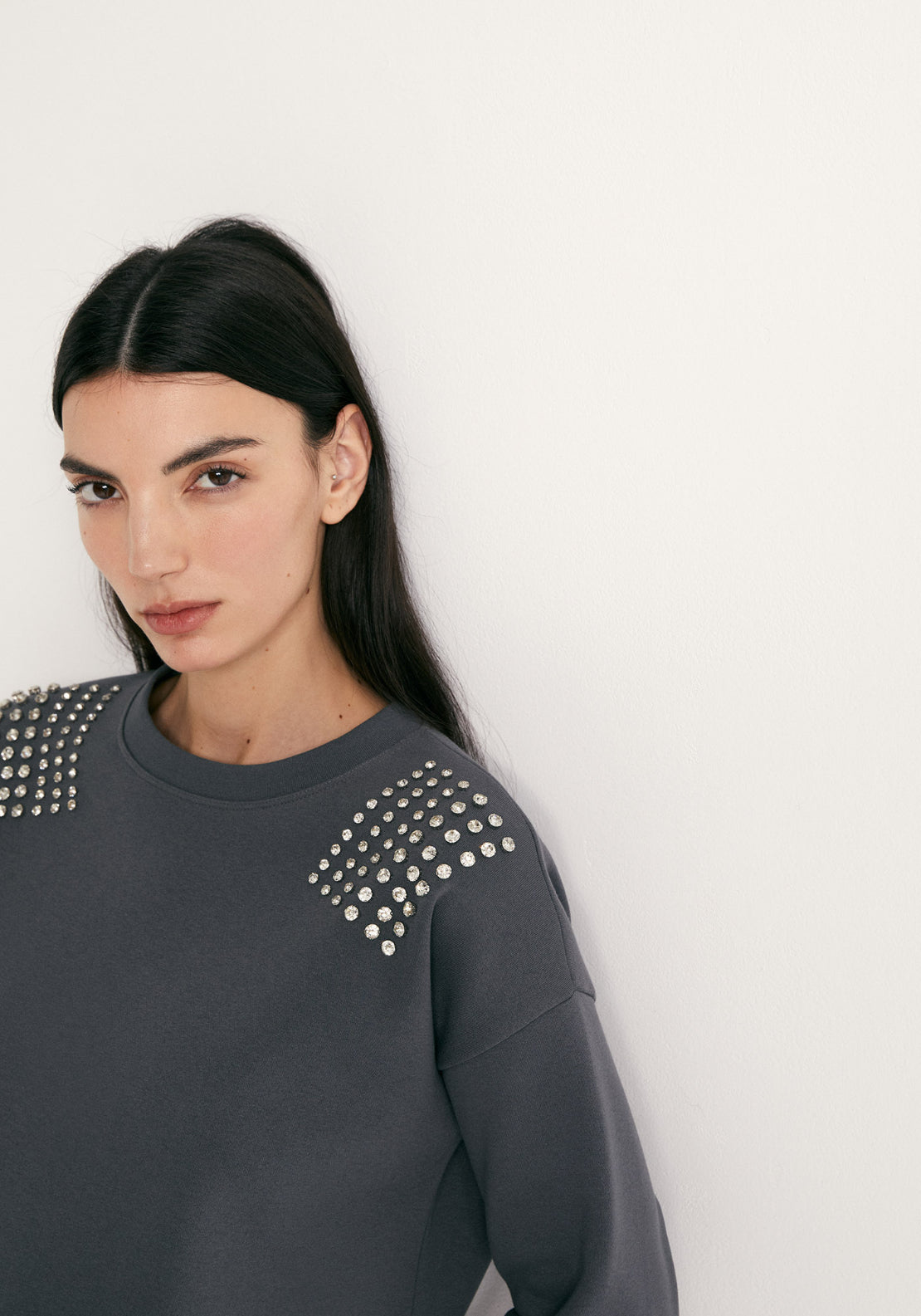 Rhinestone Shoulder Detail Sweatshirt - Grey