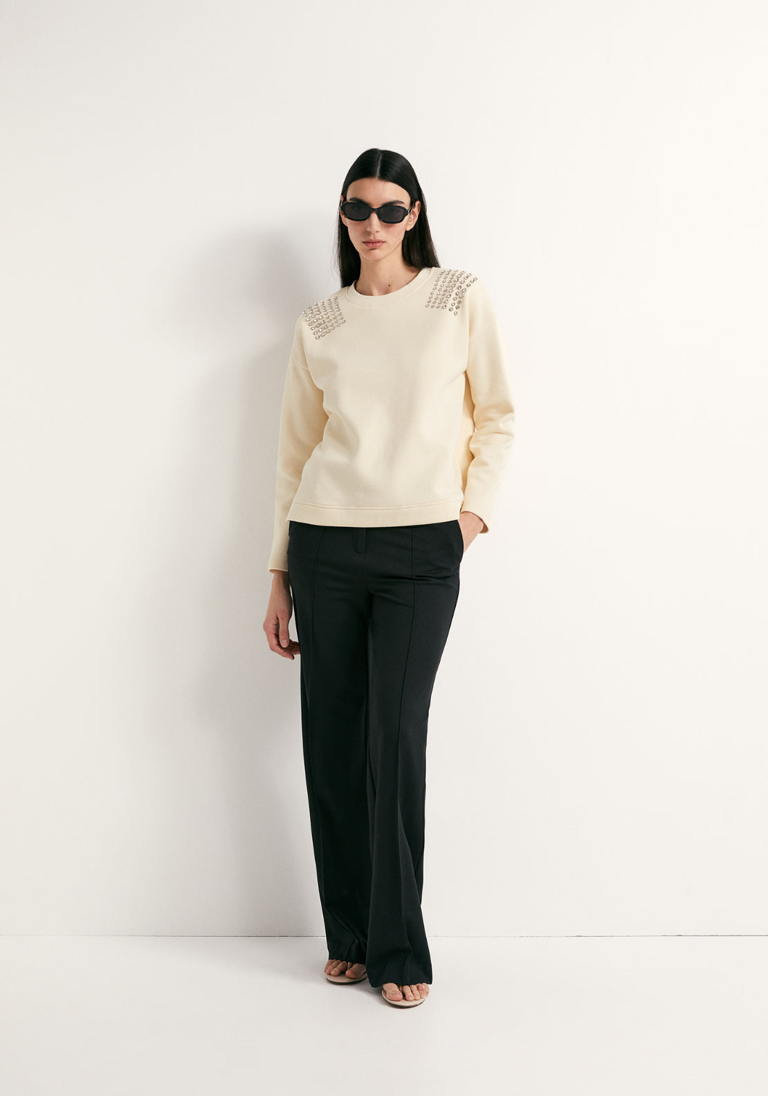 Rhinestone Shoulder Detail Sweatshirt - Cream