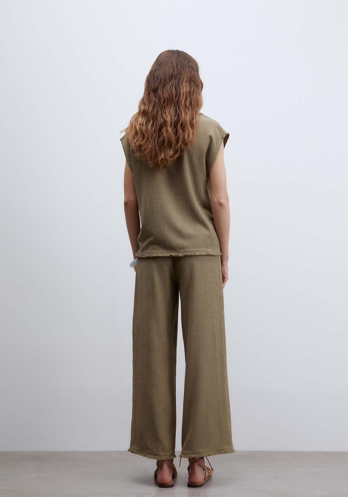 Fringe Hem Textured Trousers - Beige
