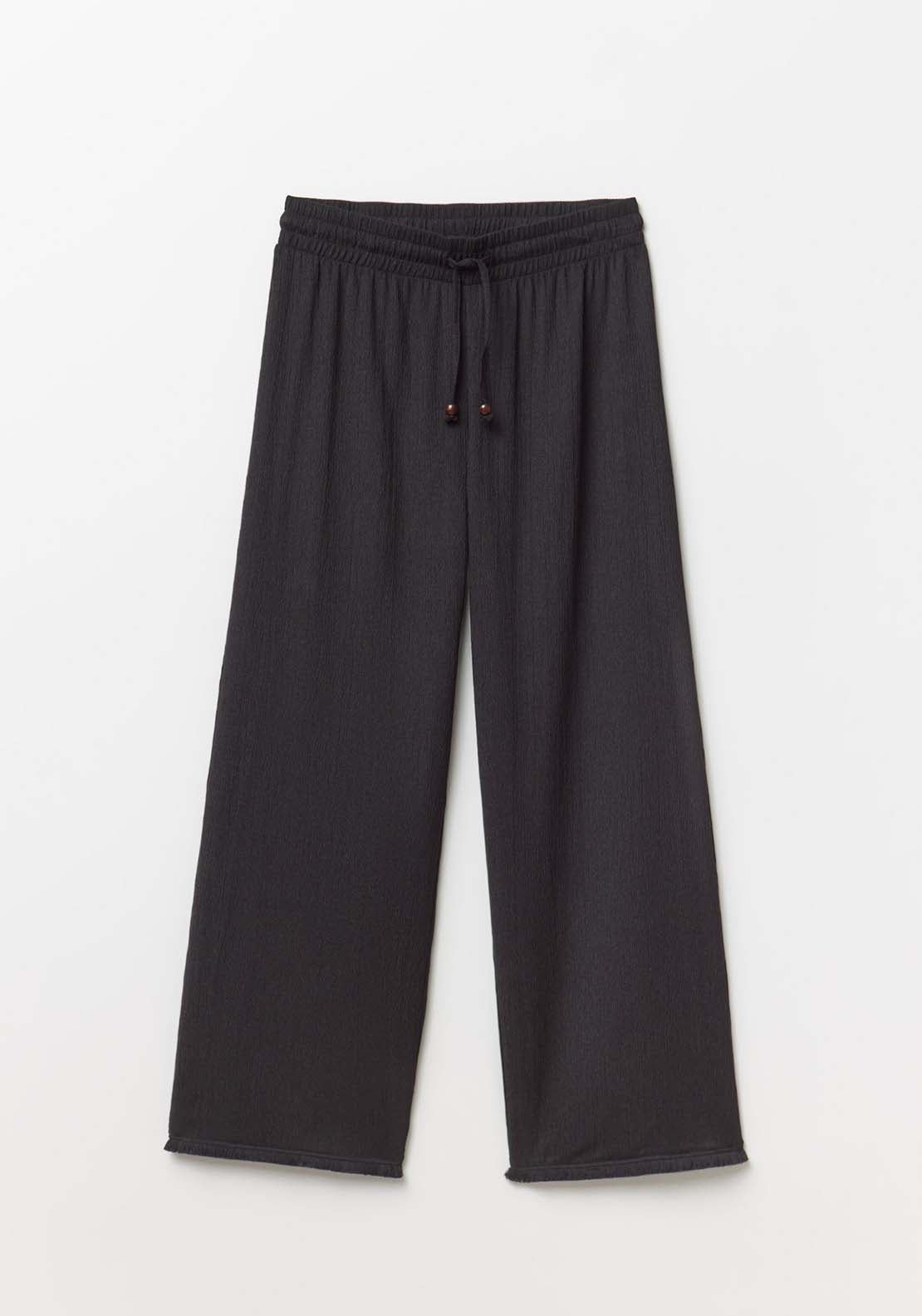 Fringe Hem Textured Trousers - Black