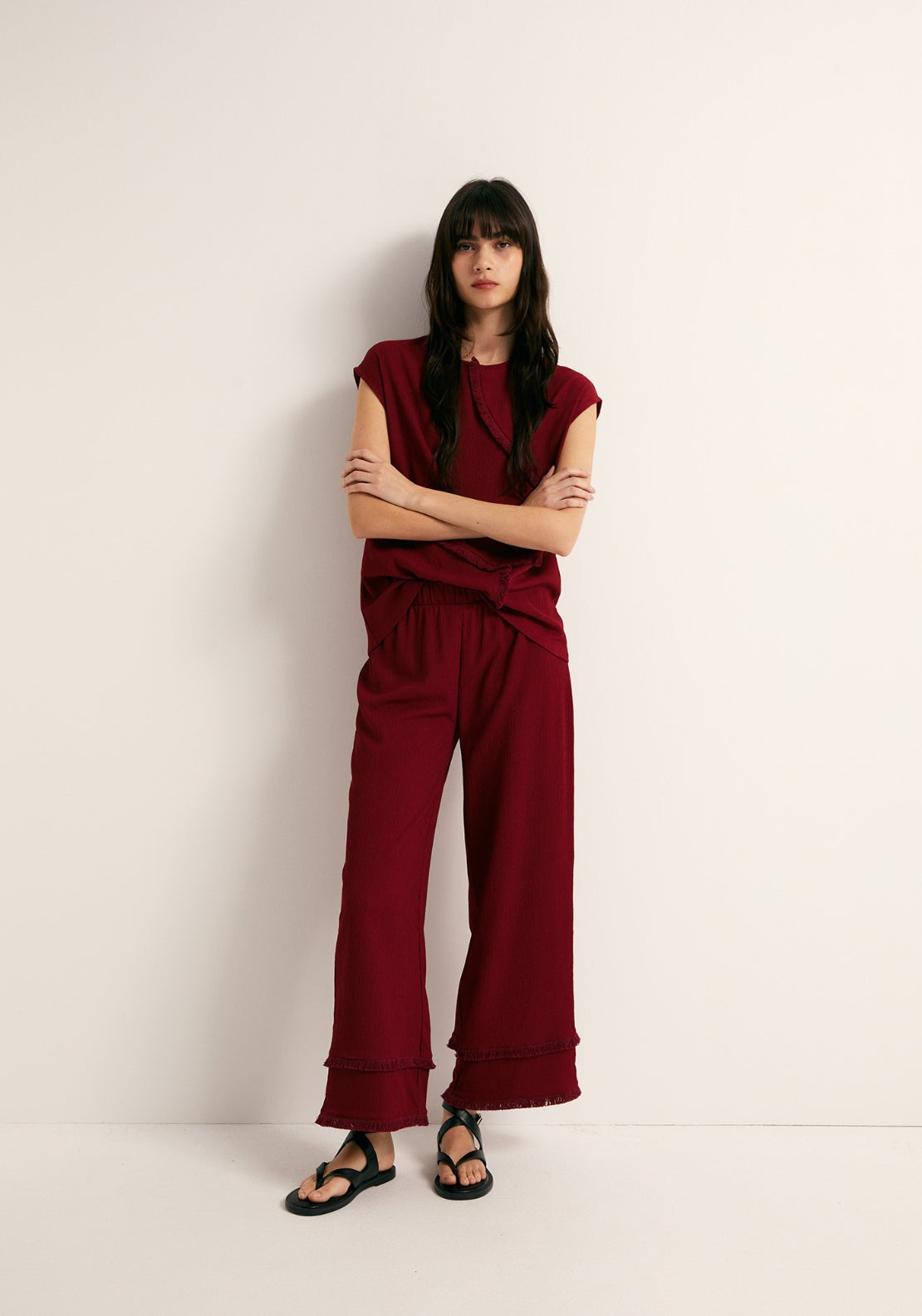Frayed Cuff Trousers - Red