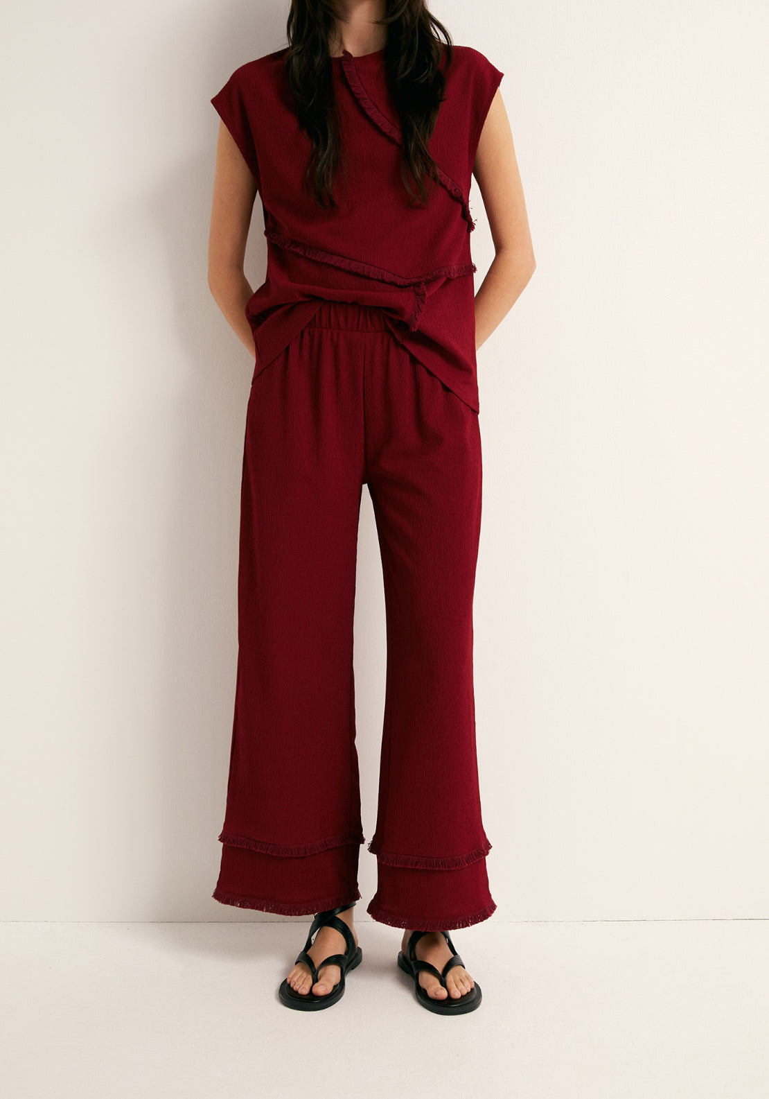 Frayed Cuff Trousers - Red