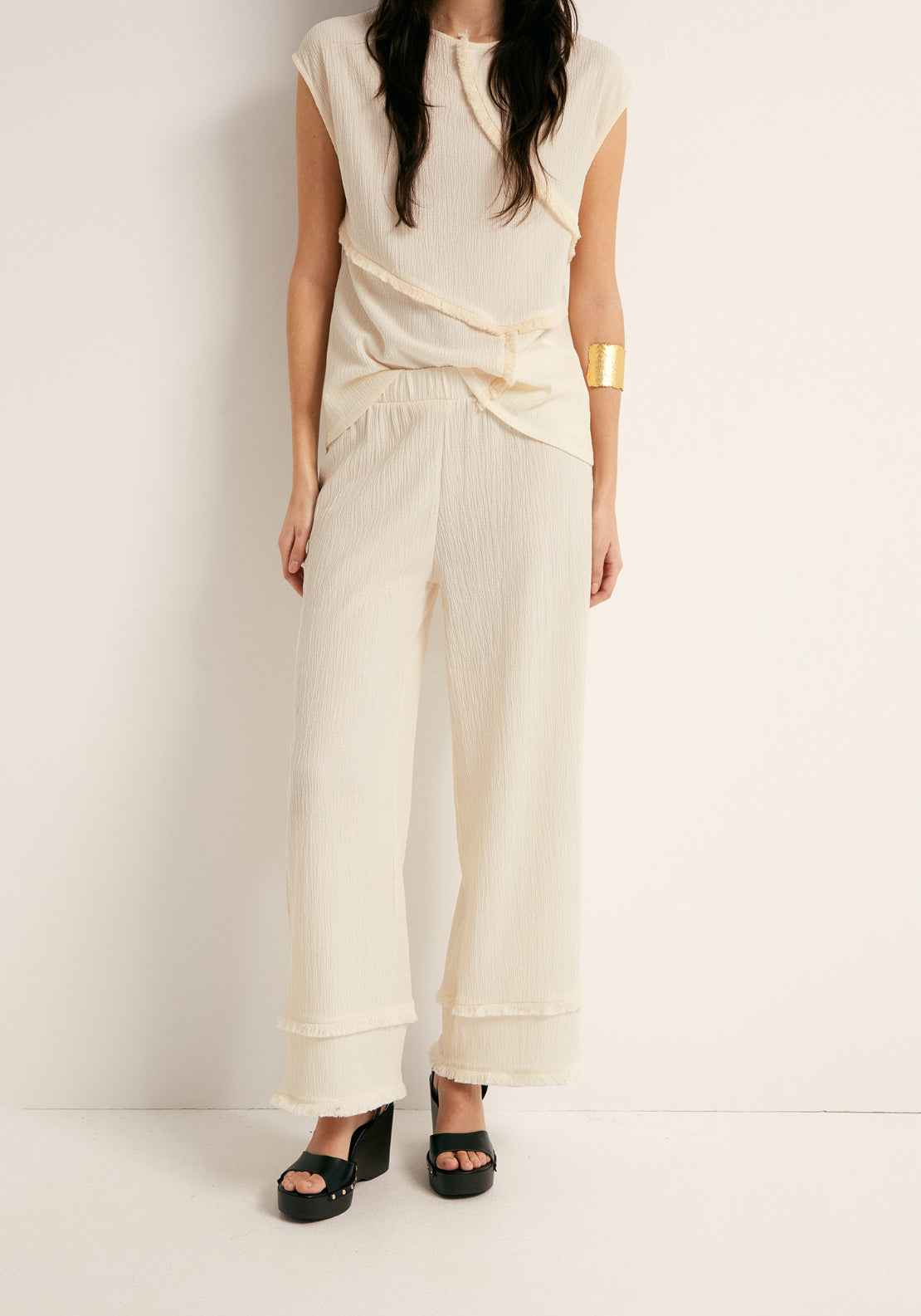 Frayed Cuff Trousers - Cream