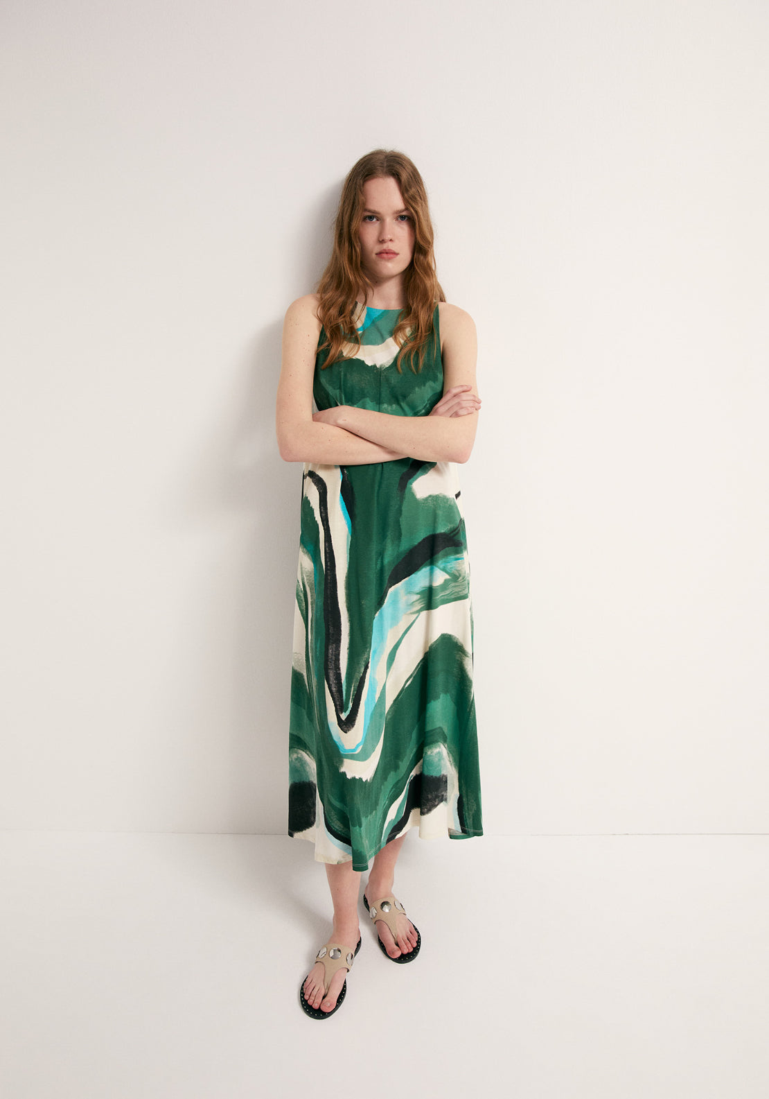 Printed A-Line Dress - Green