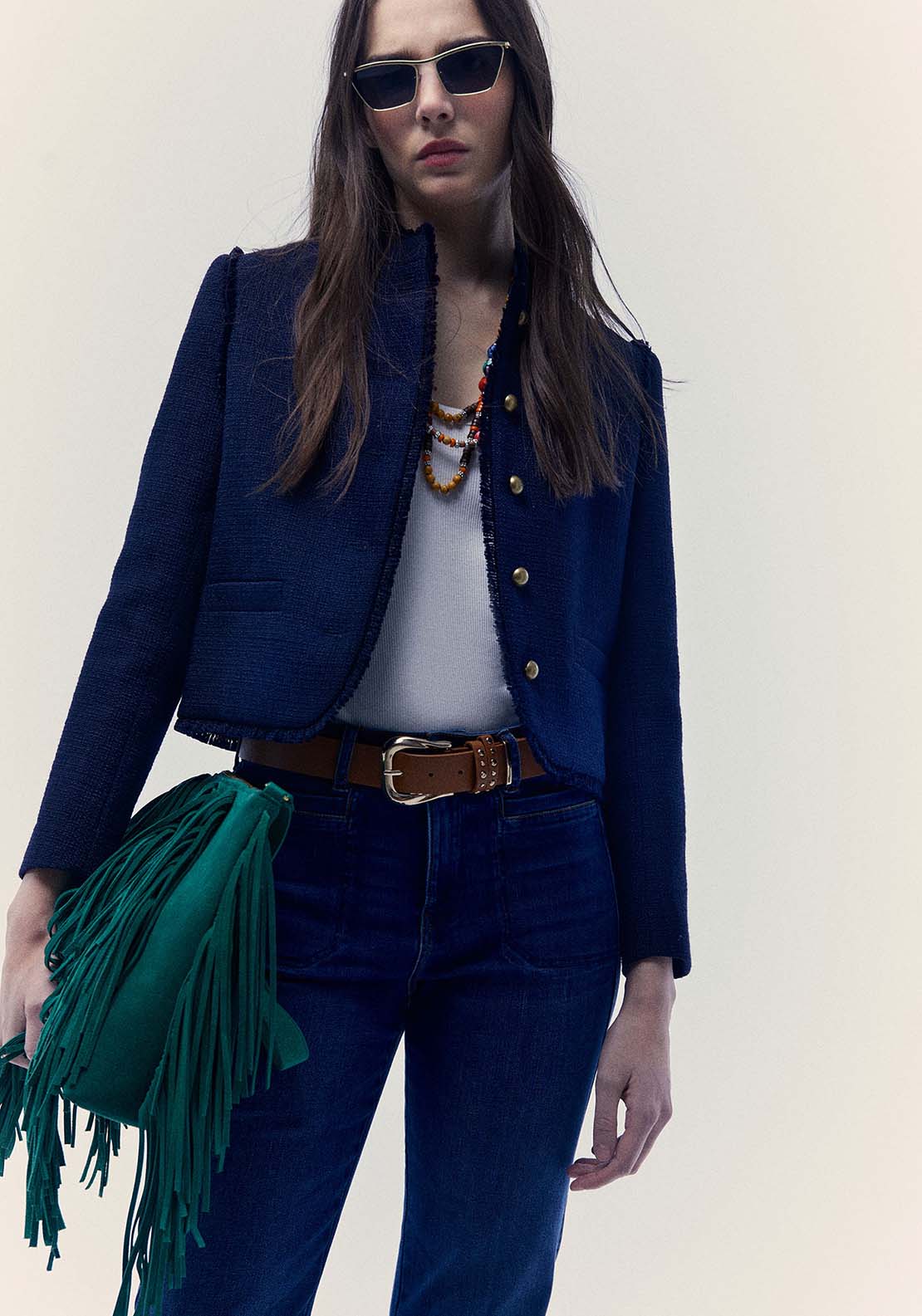 Sfera Fringe Detail Rustic Jacket - Navy 1 Shaws Department Stores
